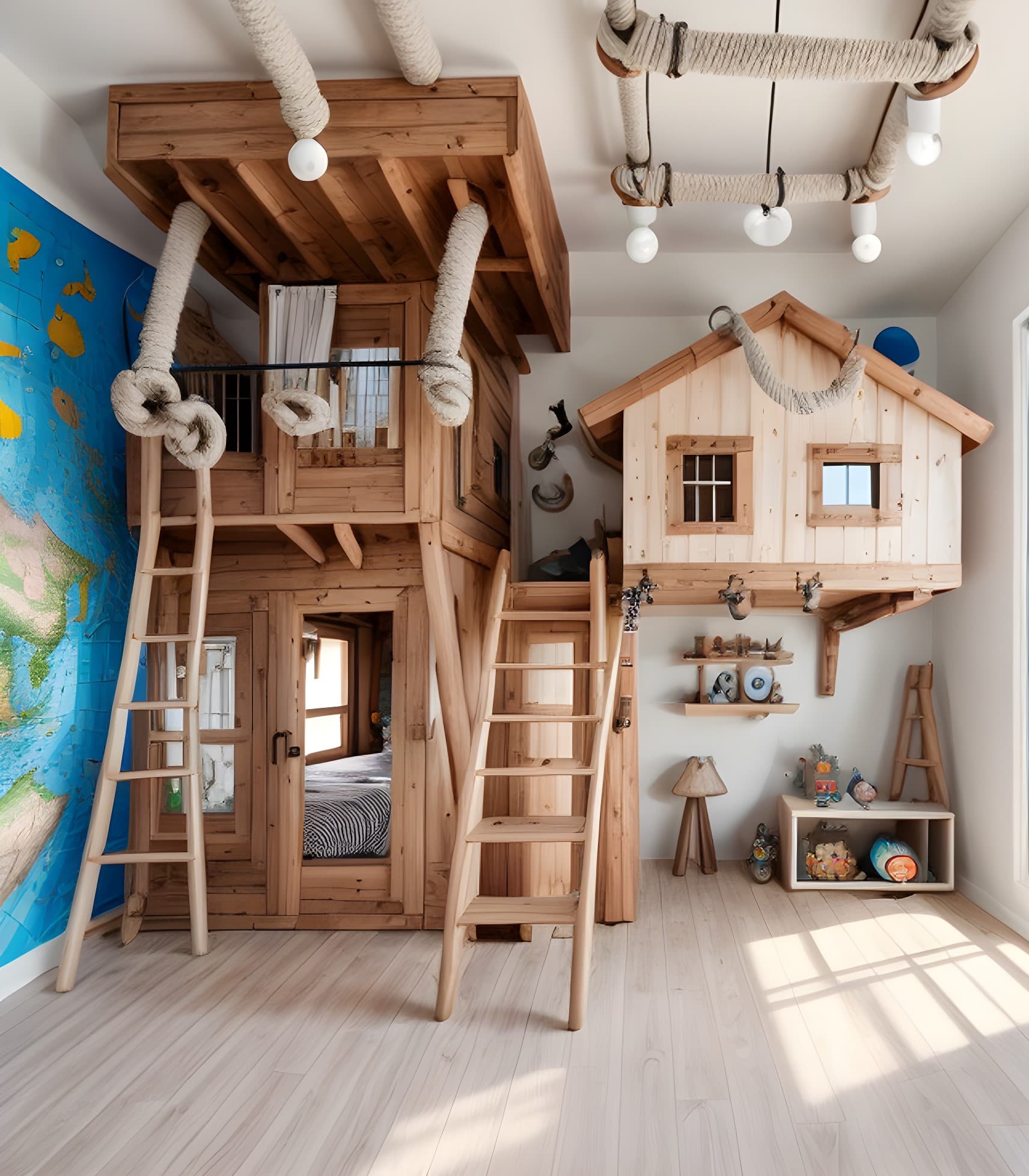 Kinderzimmer mit Baumhaus-Bett aus Holz, Leiter, Kletterseil und Weltkarte an der Wand