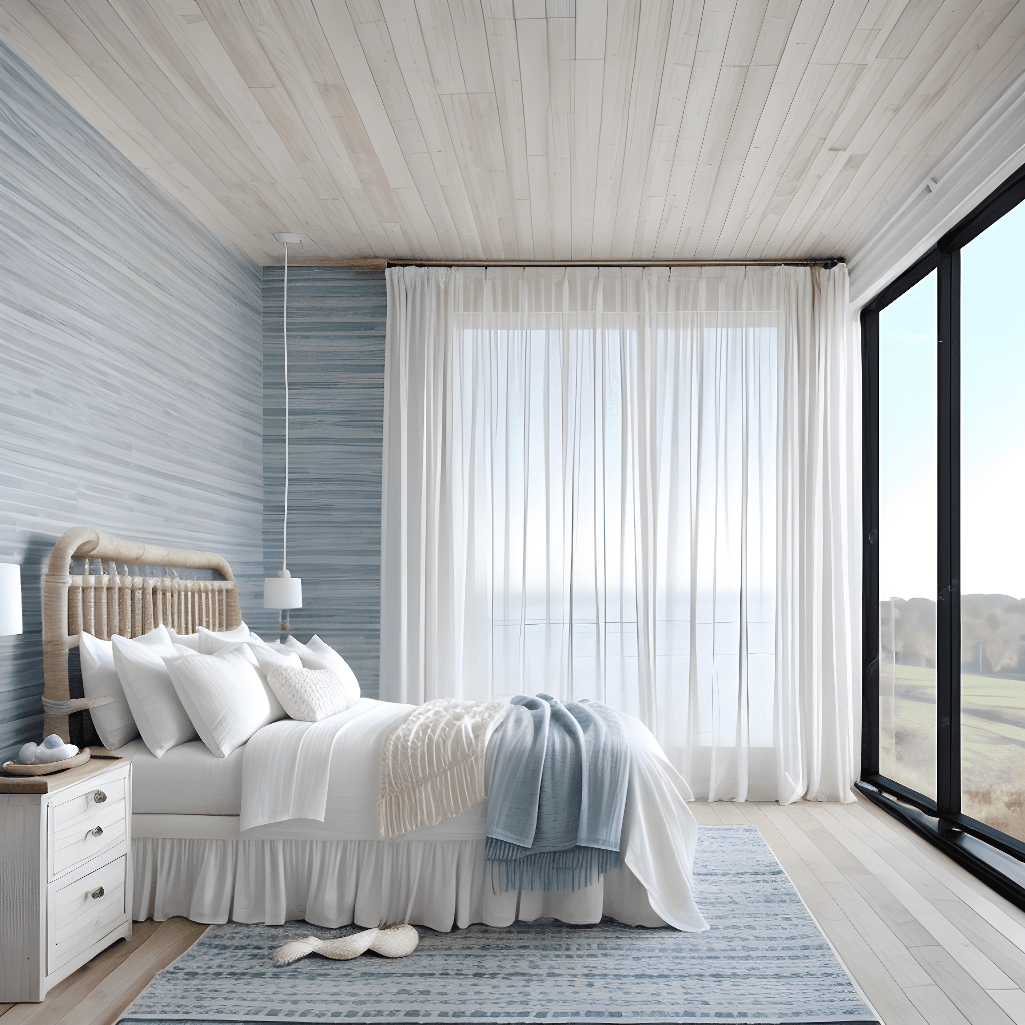 Helles Schlafzimmer mit weißem Bett, Holzkopfteil, weißen Vorhängen und großem Fenster