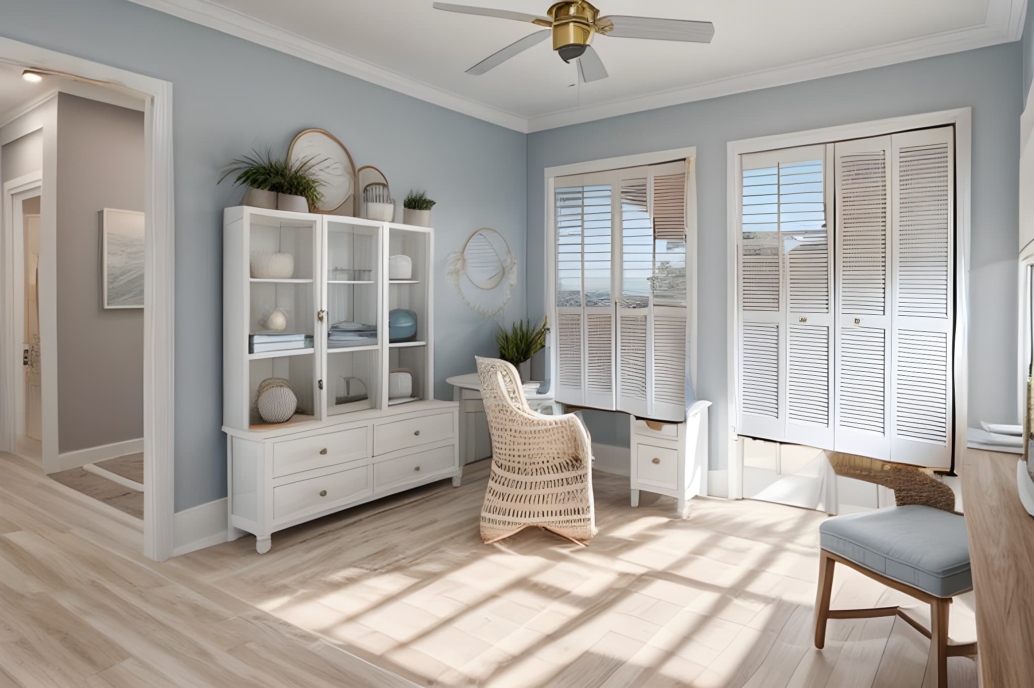 Helles Arbeitszimmer mit weißem Regal, Rattanstuhl, Holzschreibtisch und hellblauen Wänden