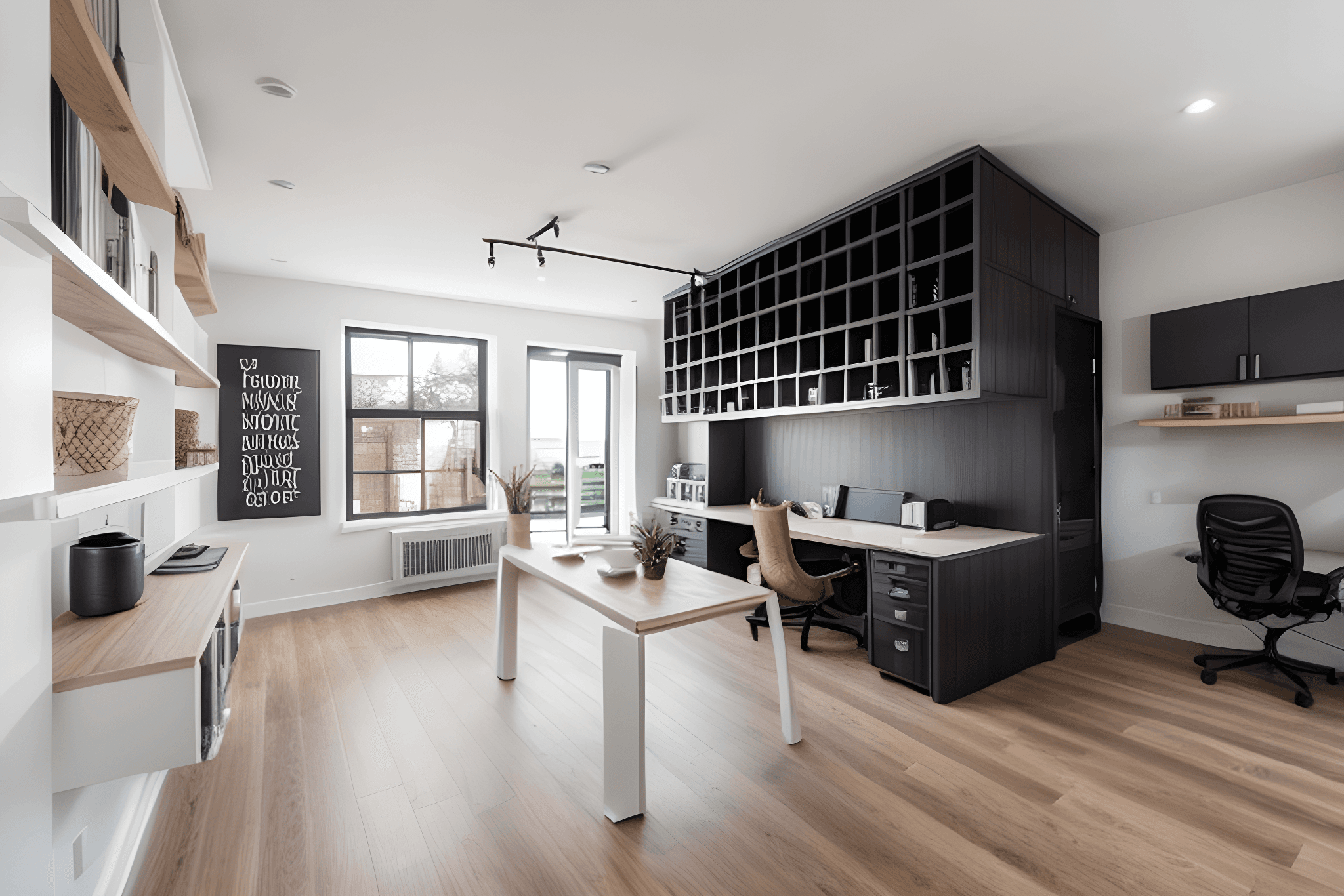 Helles Arbeitszimmer mit großem Schreibtisch, schwarzem Wandregal mit Fächern, Bürostuhl und Holzboden