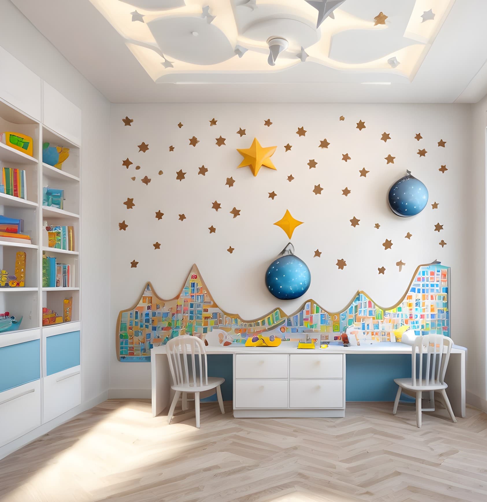 Kinderzimmer mit Wandbild aus Sternen und Planeten, weißem Regal mit bunten Büchern und Kindertisch