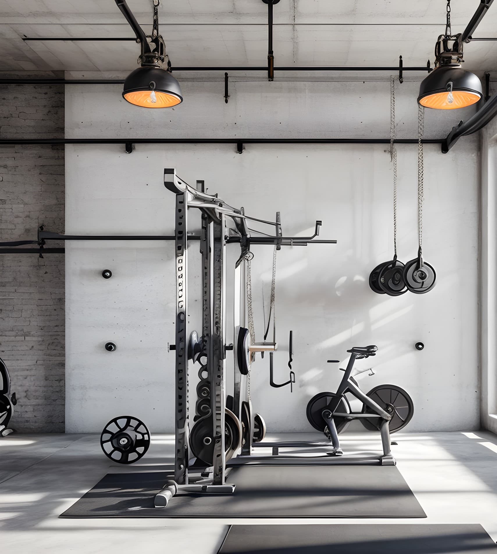 Trainingsraum mit Kraftstation, Hanteln an der Wand und Sichtbeton
