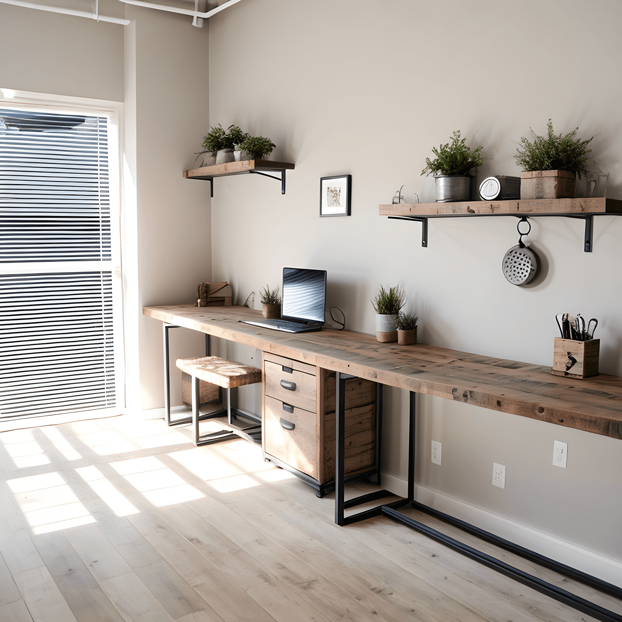 Arbeitsplatz im Industrial-Stil mit langem Holzschreibtisch, Wandregalen, Pflanzen und Lamellenvorhang