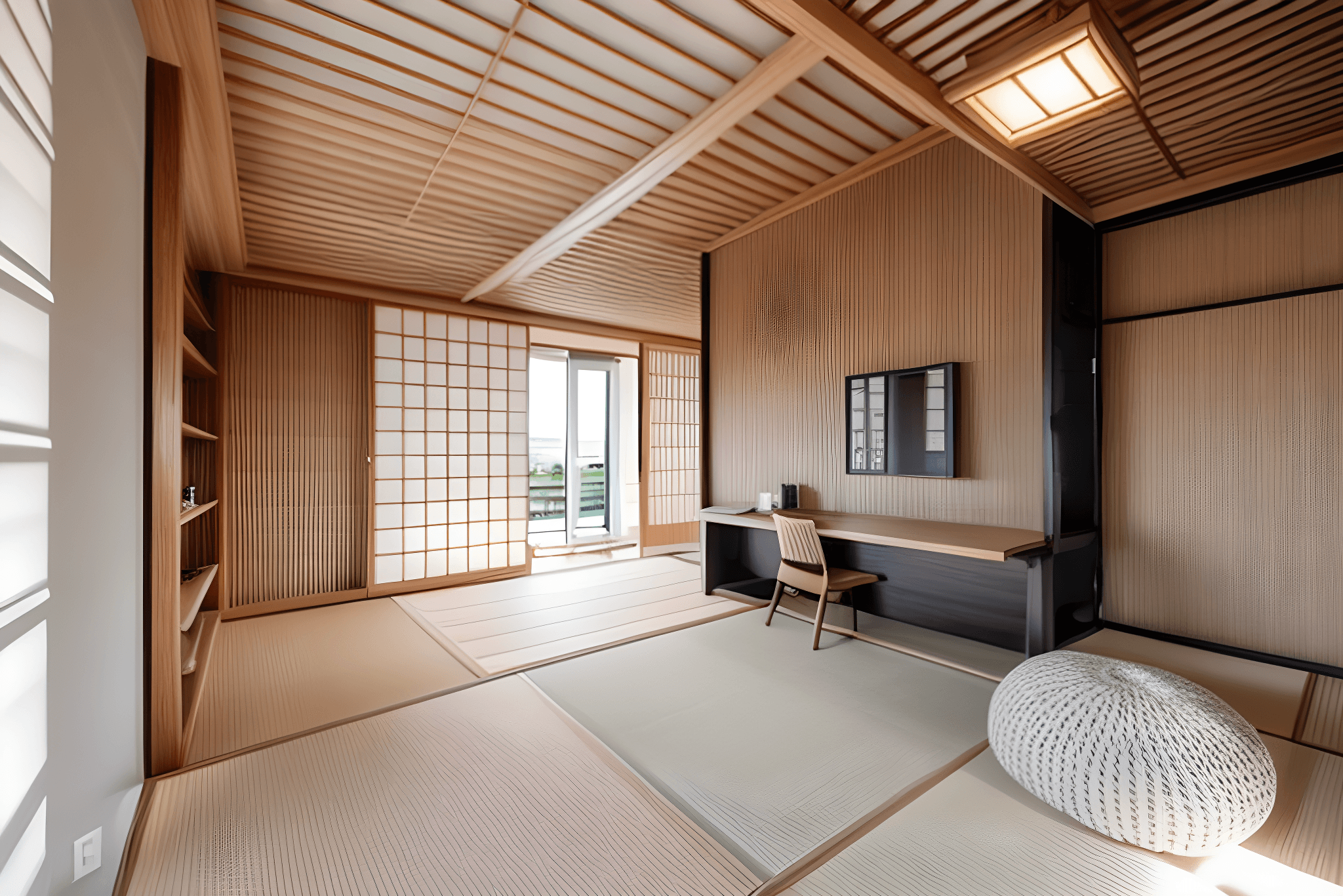 Raum im japanisch inspirierten Stil mit Holzdecke, Tatami-Boden, Holzschränken und gestricktem Sitzpouf