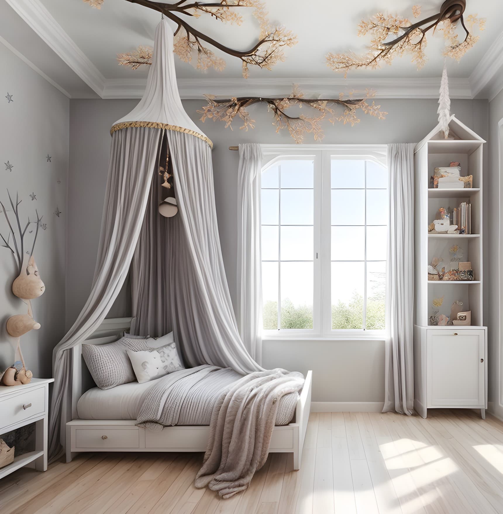 Verträumtes Kinderzimmer mit Baldachin über dem Bett, weißem Regal und großen Fenstern
