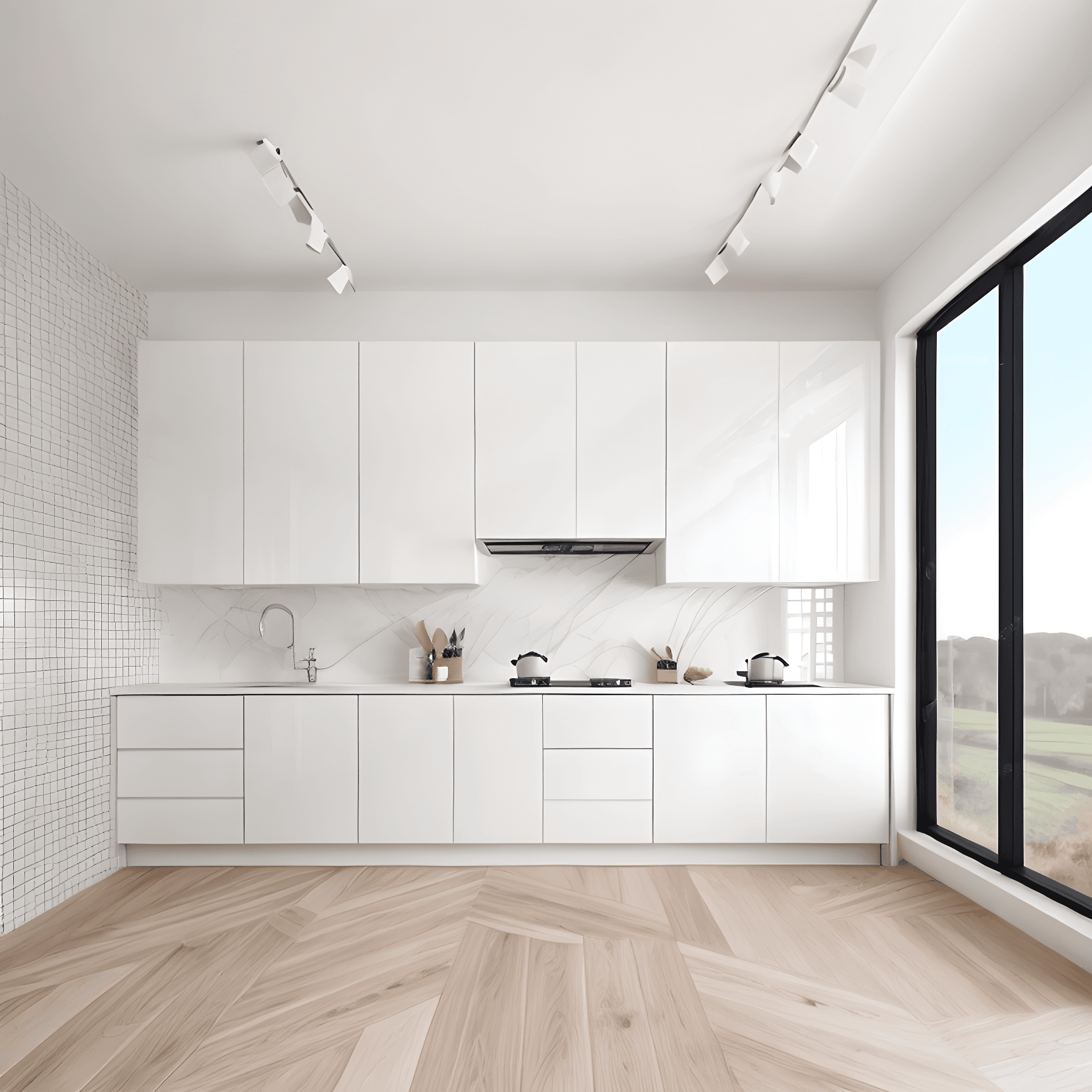 Minimalistische weiße Küche mit grifflosen Fronten, Lichtschienen und großem Fenster