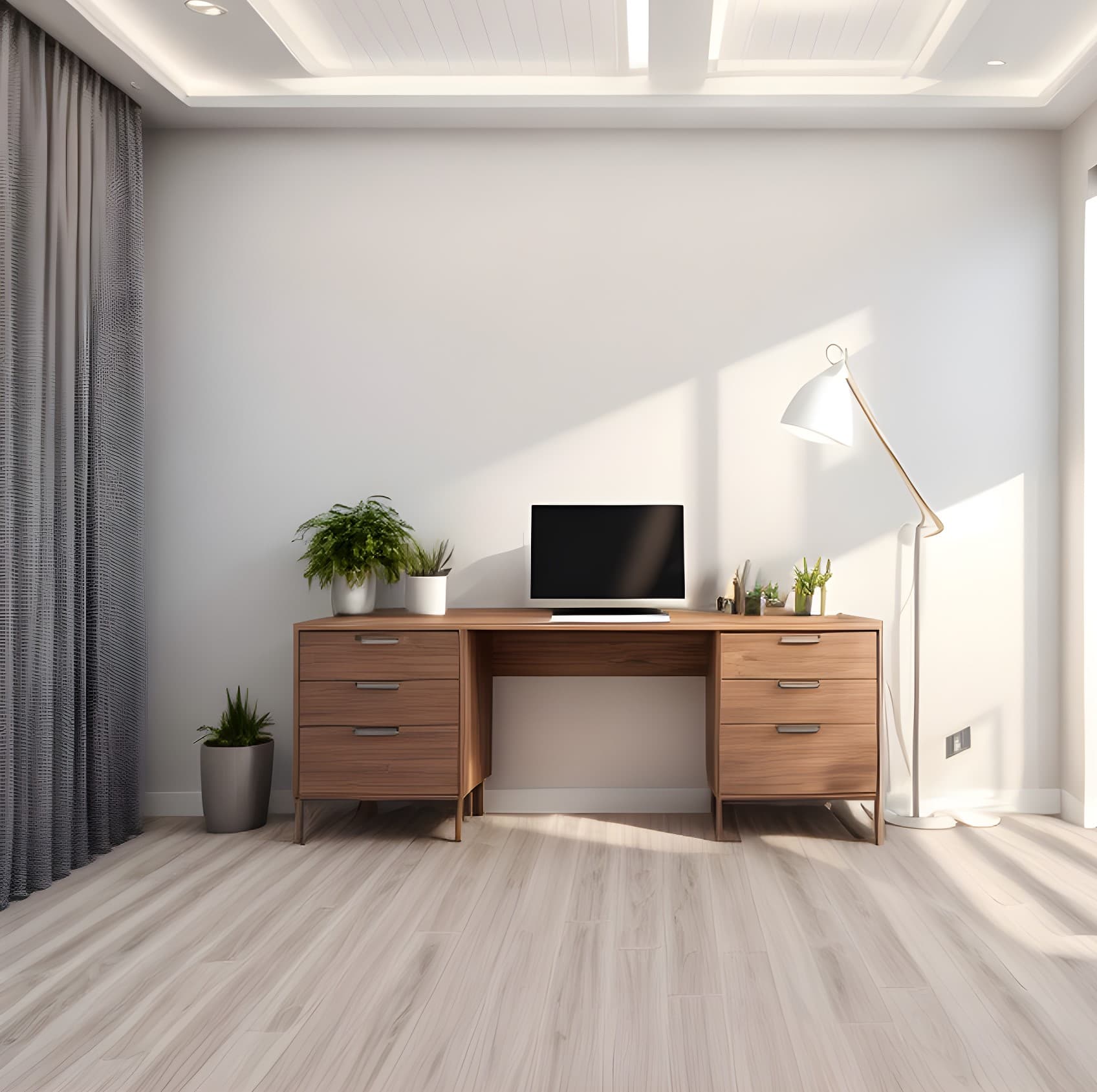Minimalistischer Arbeitsplatz mit Holzschreibtisch, Bildschirm, Pflanzen und Stehleuchte