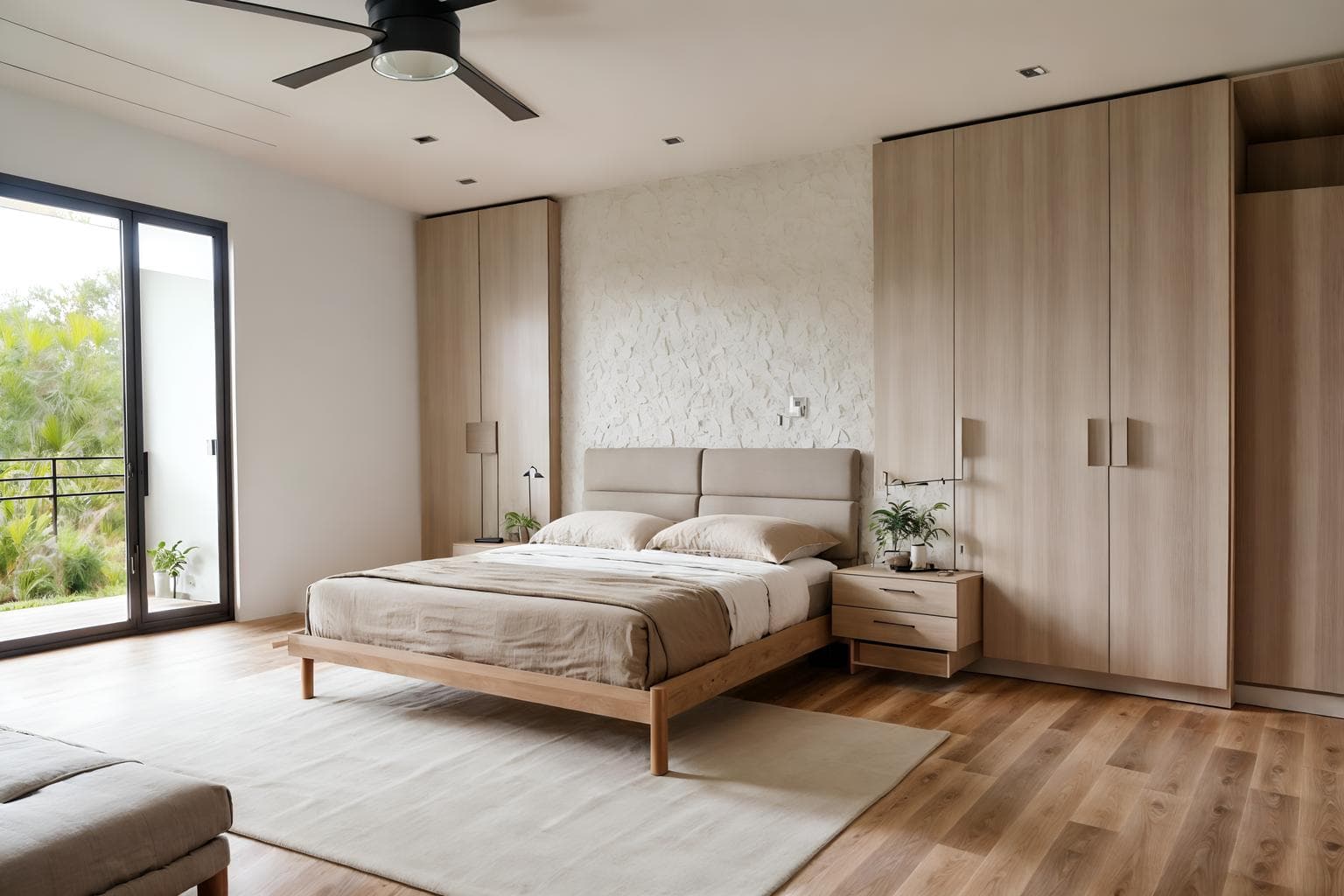 Warmes Schlafzimmer mit Holzbett, hellem Kopfteil, Holzschränken und großer Fensterfront