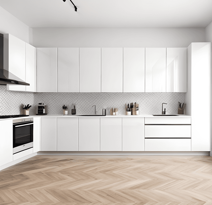 Moderne weiße Küche mit grifflosen Fronten, offenem Regal und integrierten Geräten