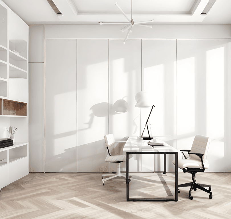 Moderner, weißer Arbeitsbereich mit Glasschreibtisch, weißem Stuhl, Stehleuchte und Einbauschränken