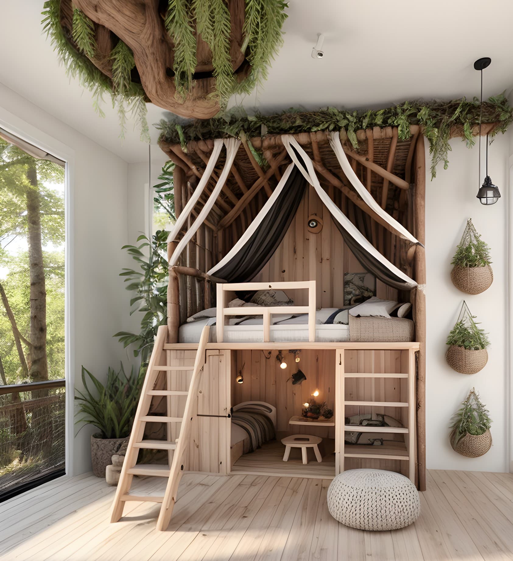 Kinderzimmer mit Hochbett aus Holz, Stoffbaldachin, Leiter, Hängepflanzen und Blick ins Grüne