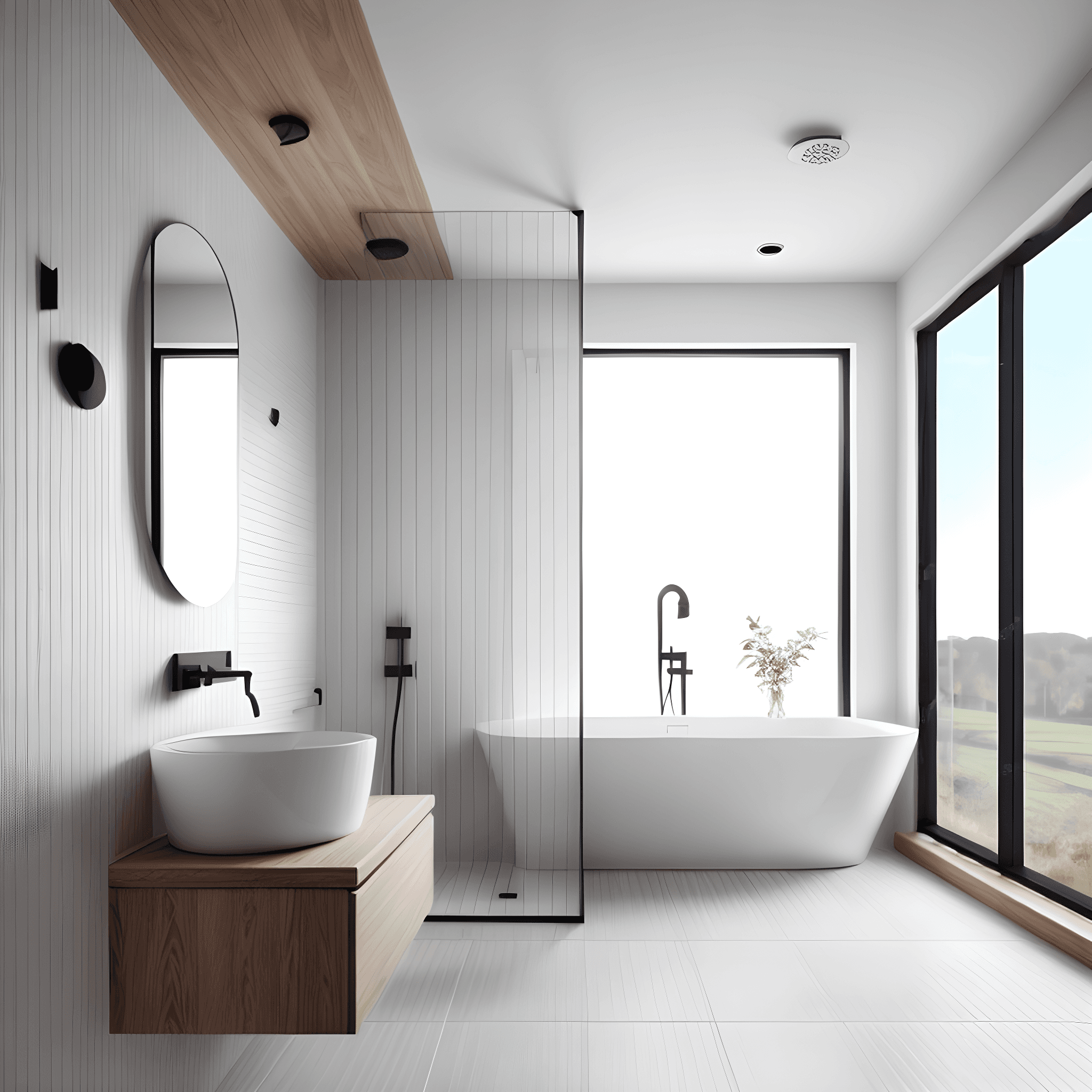 Helles Badezimmer mit freistehender Badewanne, Aufsatzwaschbecken, ovalem Spiegel und großem Fenster