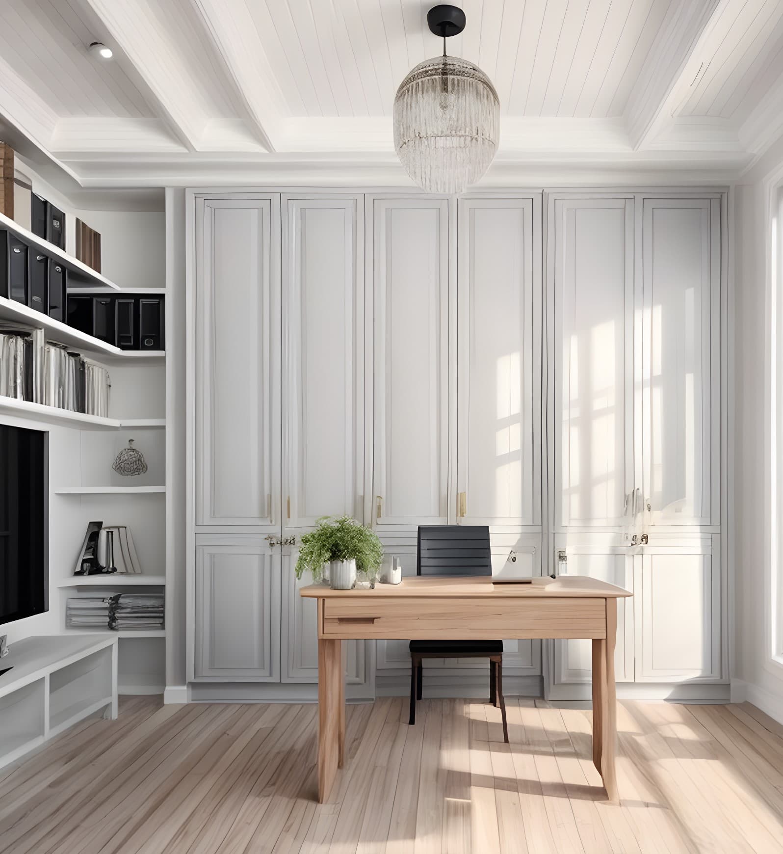Arbeitszimmer mit weißen Einbauschränken, offenen Regalen, Holzschreibtisch und Pflanze
