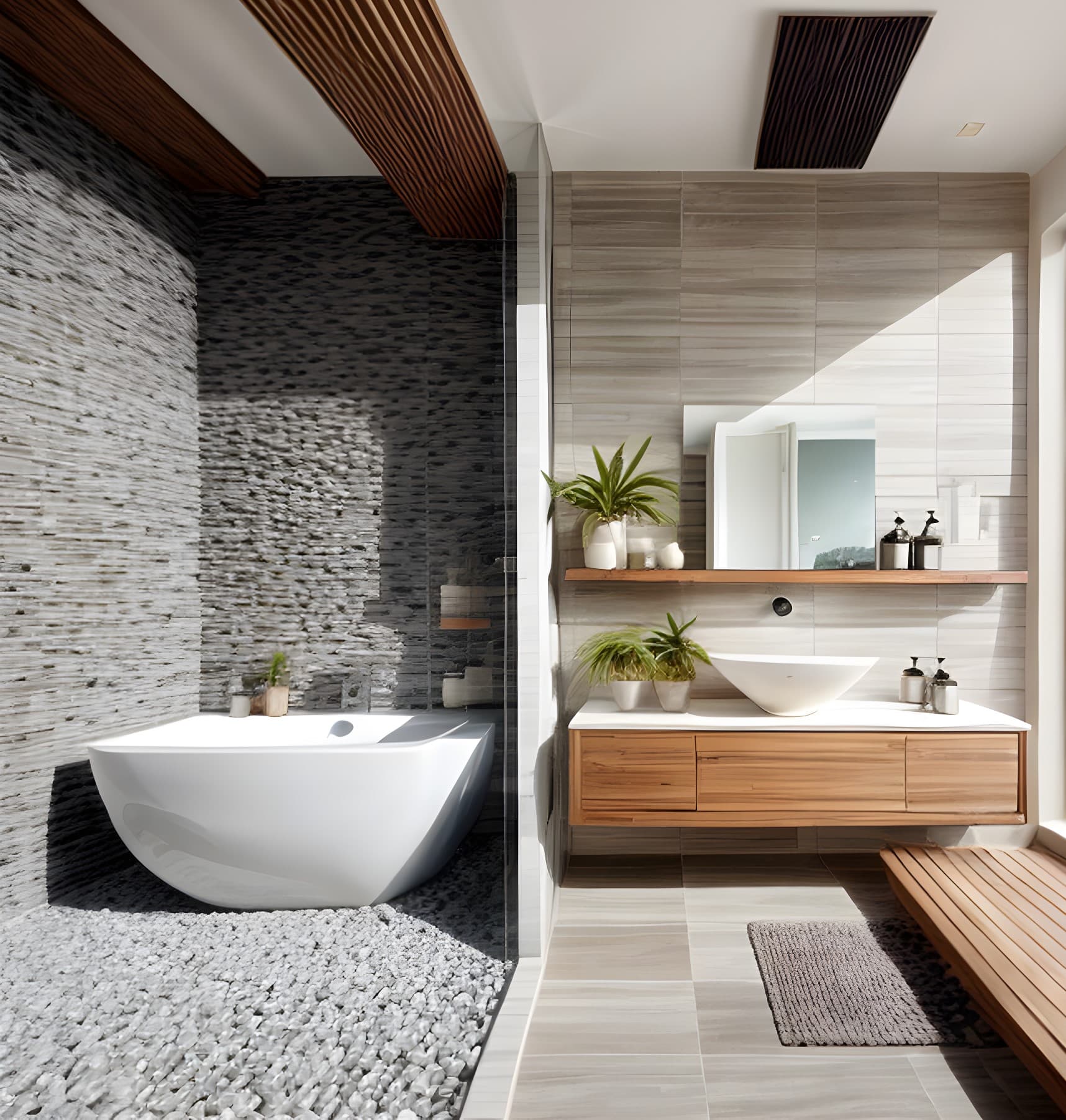 Spa-artiges Badezimmer mit Naturstein-Wand, freistehender Wanne und Holzwaschtisch