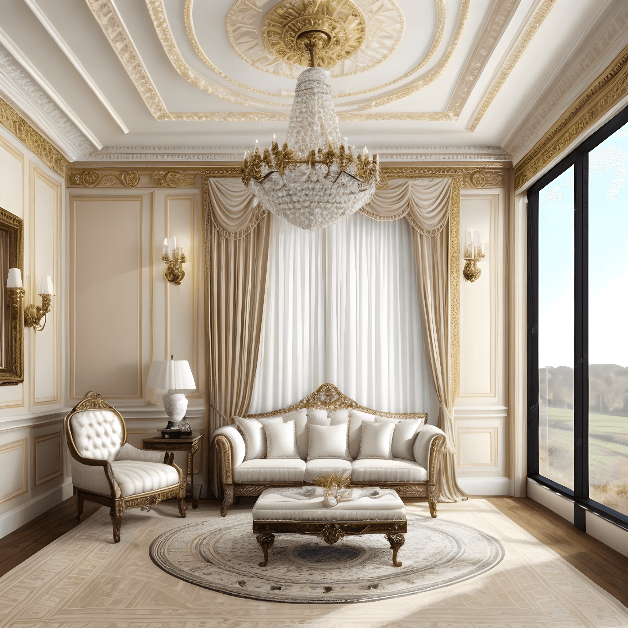 Klassisches Wohnzimmer mit Kronleuchter, gepolstertem Sofa, Sesseln und hohen Vorhängen