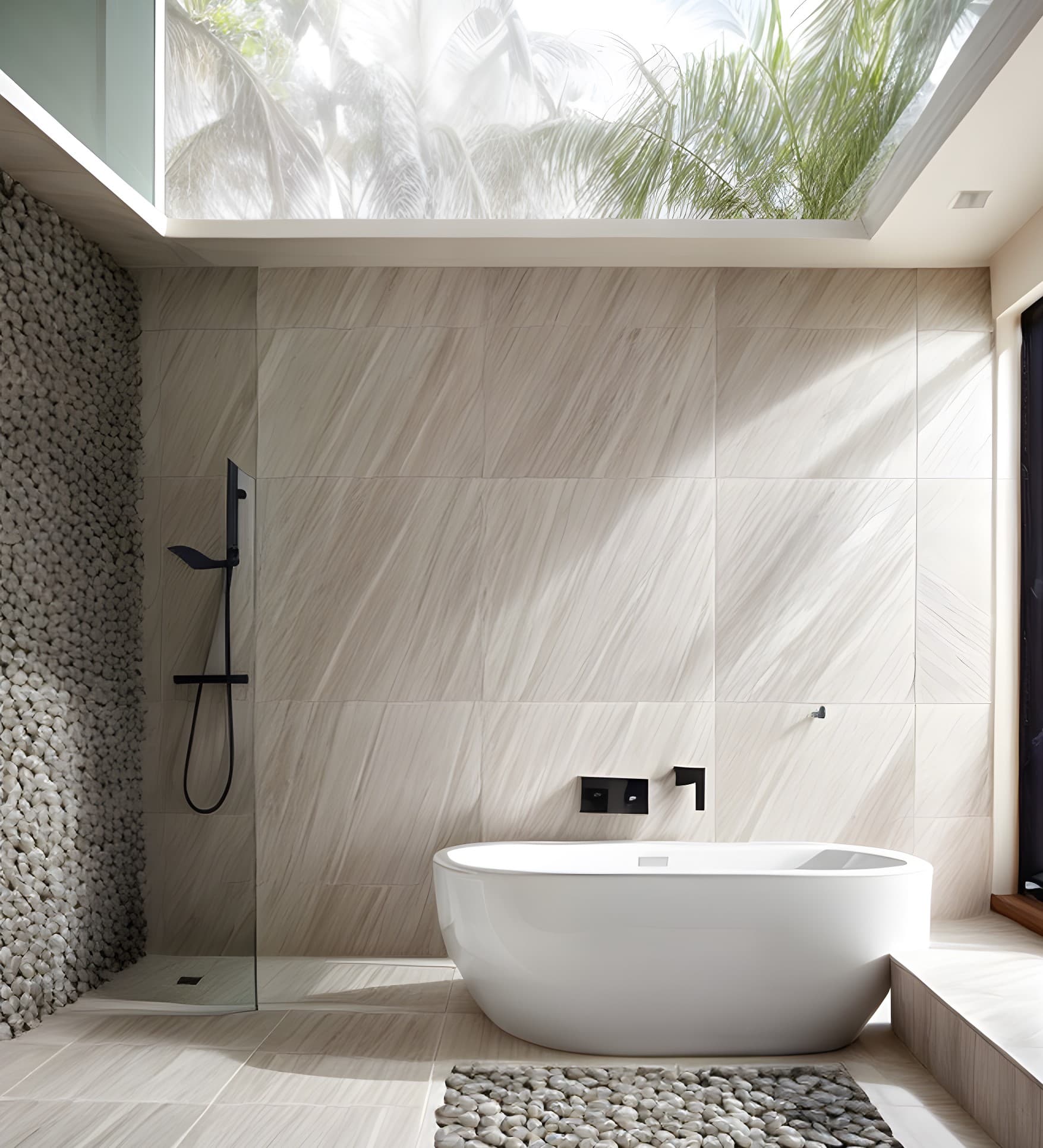 Badezimmer mit Natursteinwand, weißer Wanne und hellen Fliesen