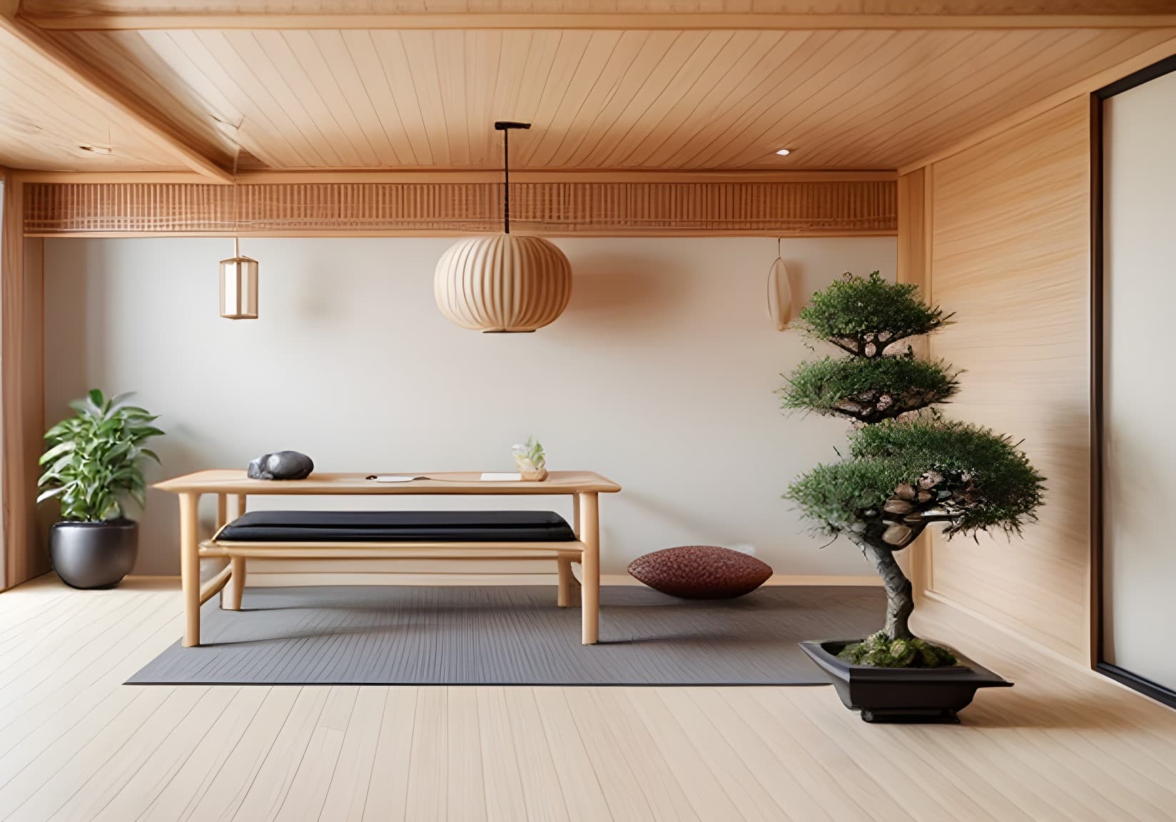 Ruhiger Raum mit hellem Holz, niedrigem Tisch, Bonsai und Papierleuchte