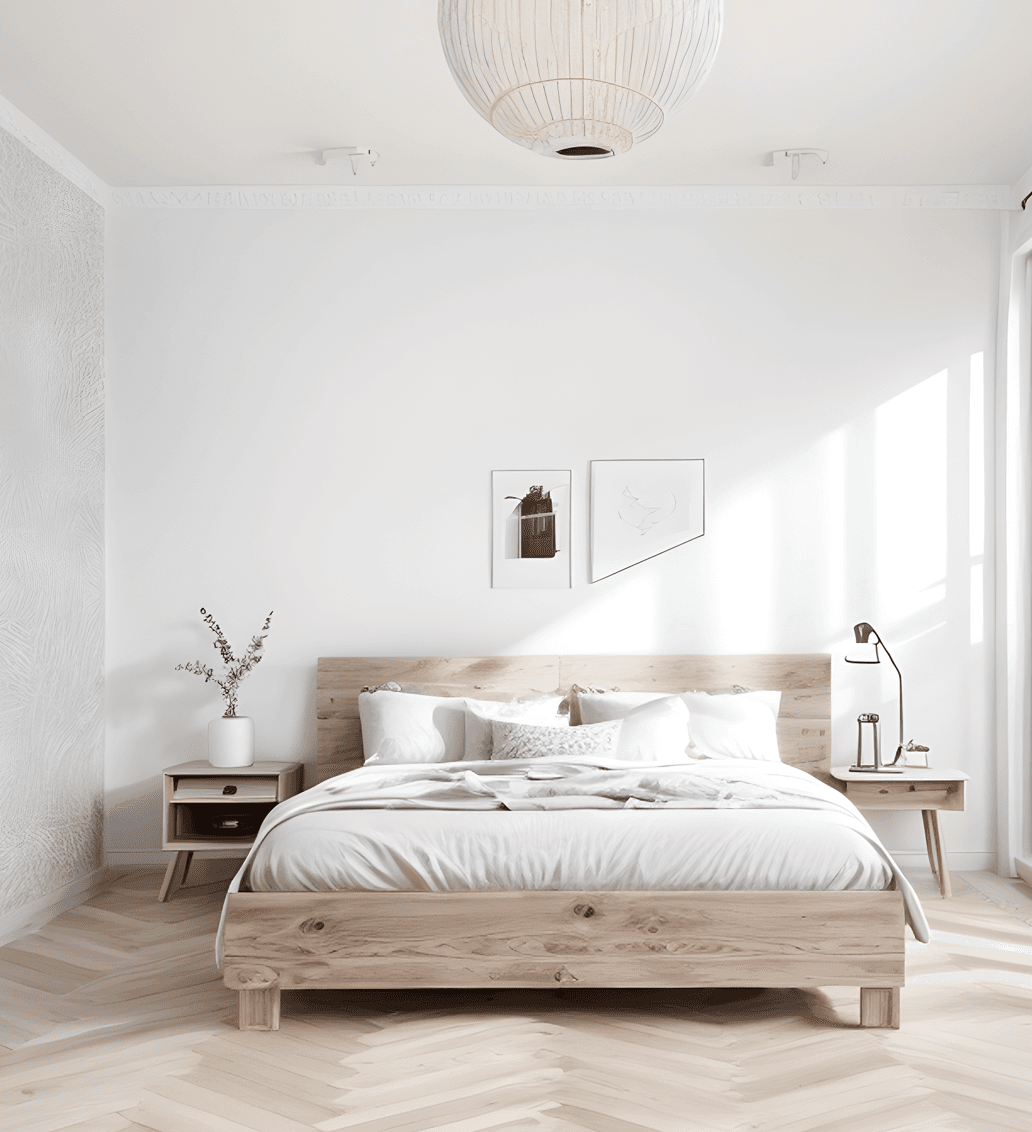 Helles skandinavisches Schlafzimmer mit weißem Bett, Holznachttisch, Wandbildern und Leselampe