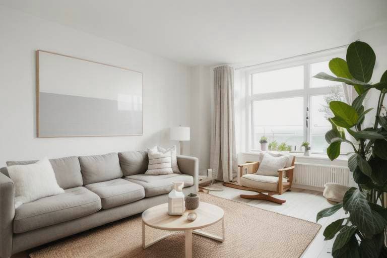 Helles skandinavisches Wohnzimmer mit grauem Sofa, rundem Holzcouchtisch, Sessel und großer Grünpflanze
