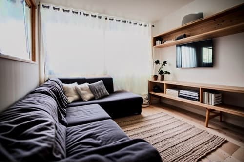 Kleines Wohnzimmer mit dunklem Sofa, langem Wandregal aus Holz und gestreiftem Teppich