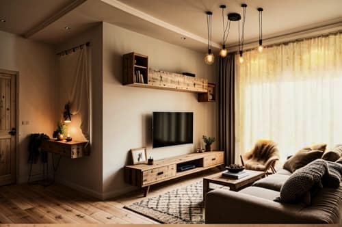Wohnzimmer mit dunklem Sofa, langem Holz-Lowboard, Wandregalen und warmem Licht