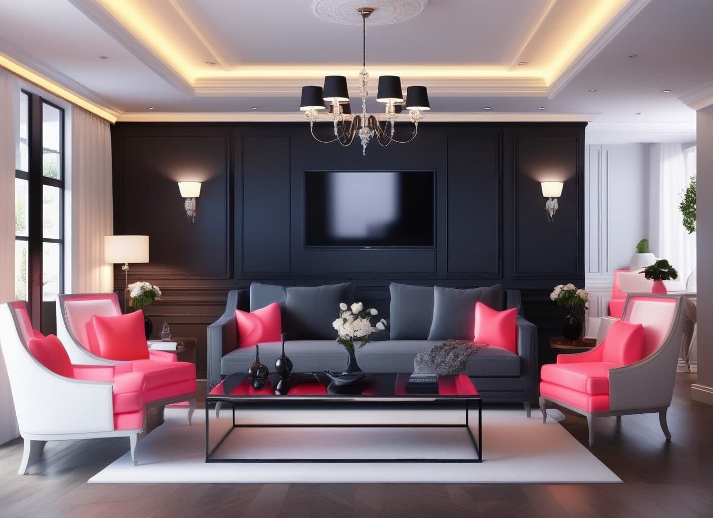 Wohnzimmer mit dunkler Wand, grauem Sofa, roten Kissen, pinkfarbenen Sesseln und Kronleuchter