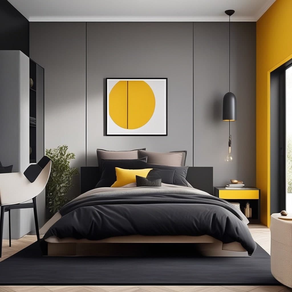 Schlafzimmer mit grauer Wand, gelbem Wandbild, schwarzem Bett und gelber Akzentwand