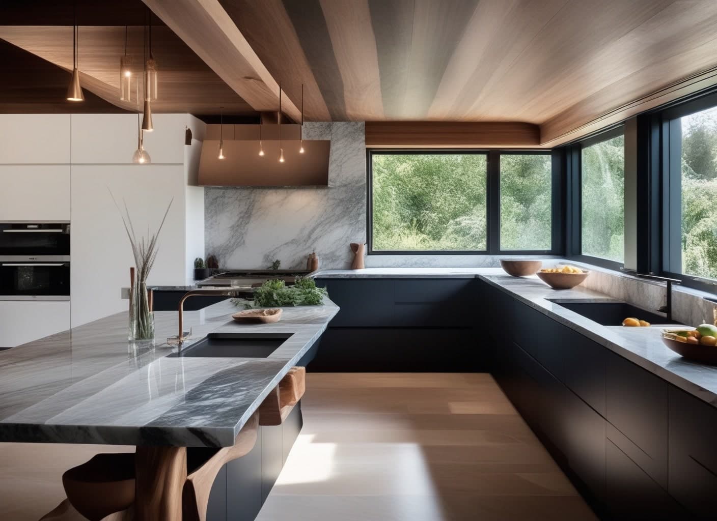 Moderne Küche mit Holzdecke, dunklen Unterschränken, heller Arbeitsplatte und großen Fenstern