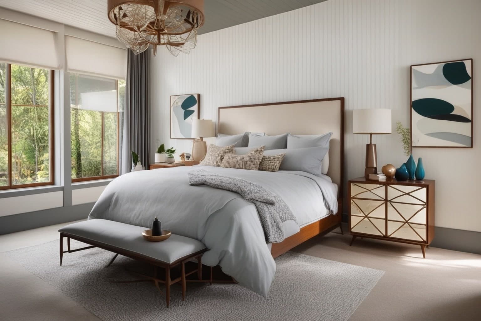 Helles Schlafzimmer mit Polsterbett, grauer Bettwäsche, verspiegeltem Nachttisch und Kunstdrucken