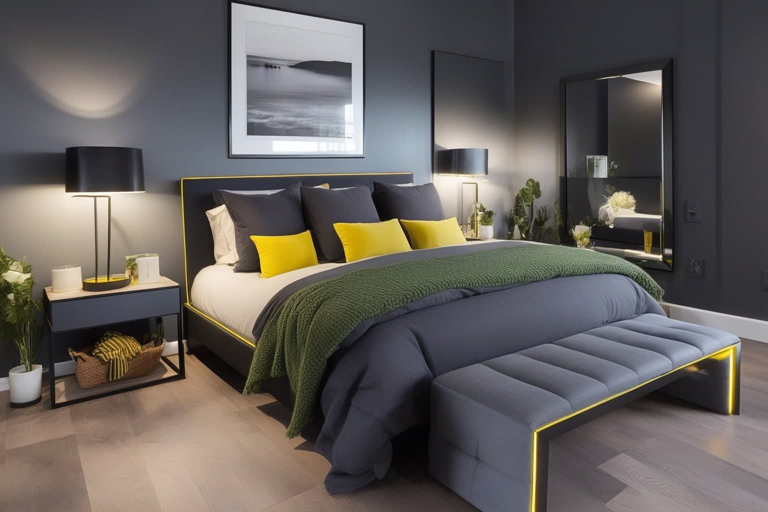 Schlafzimmer mit dunkelgrauer Wand, dunklem Bett, olivgrüner Decke und gelben Akzentkissen