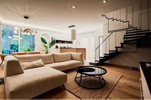 Wohnzimmer mit beigem Ecksofa, schwarzem Couchtisch, Jute-Teppich und Treppe im Hintergrund